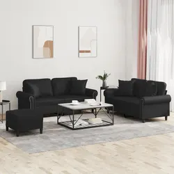 3 Piece Sofa Set with Throw Pillows Footstool Black Faux Leather Living Room