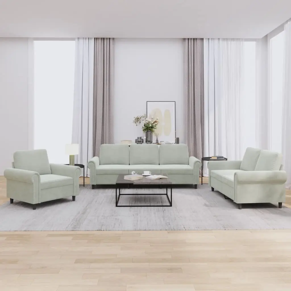 3 Piece Sofa Set Velvet Grey Cushioned Armchair Couch Living Room