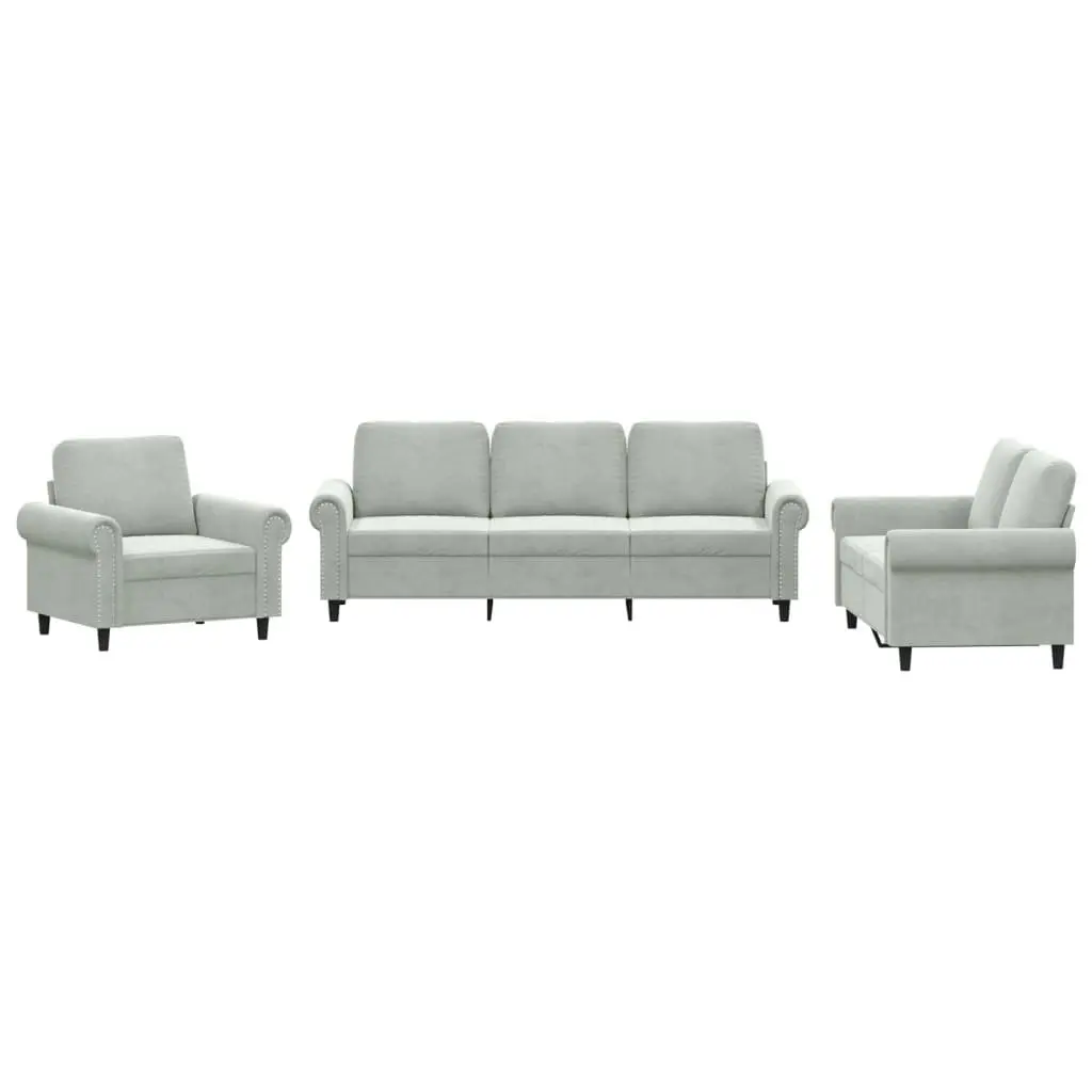 3 Piece Sofa Set Velvet Grey Cushioned Armchair Couch Living Room