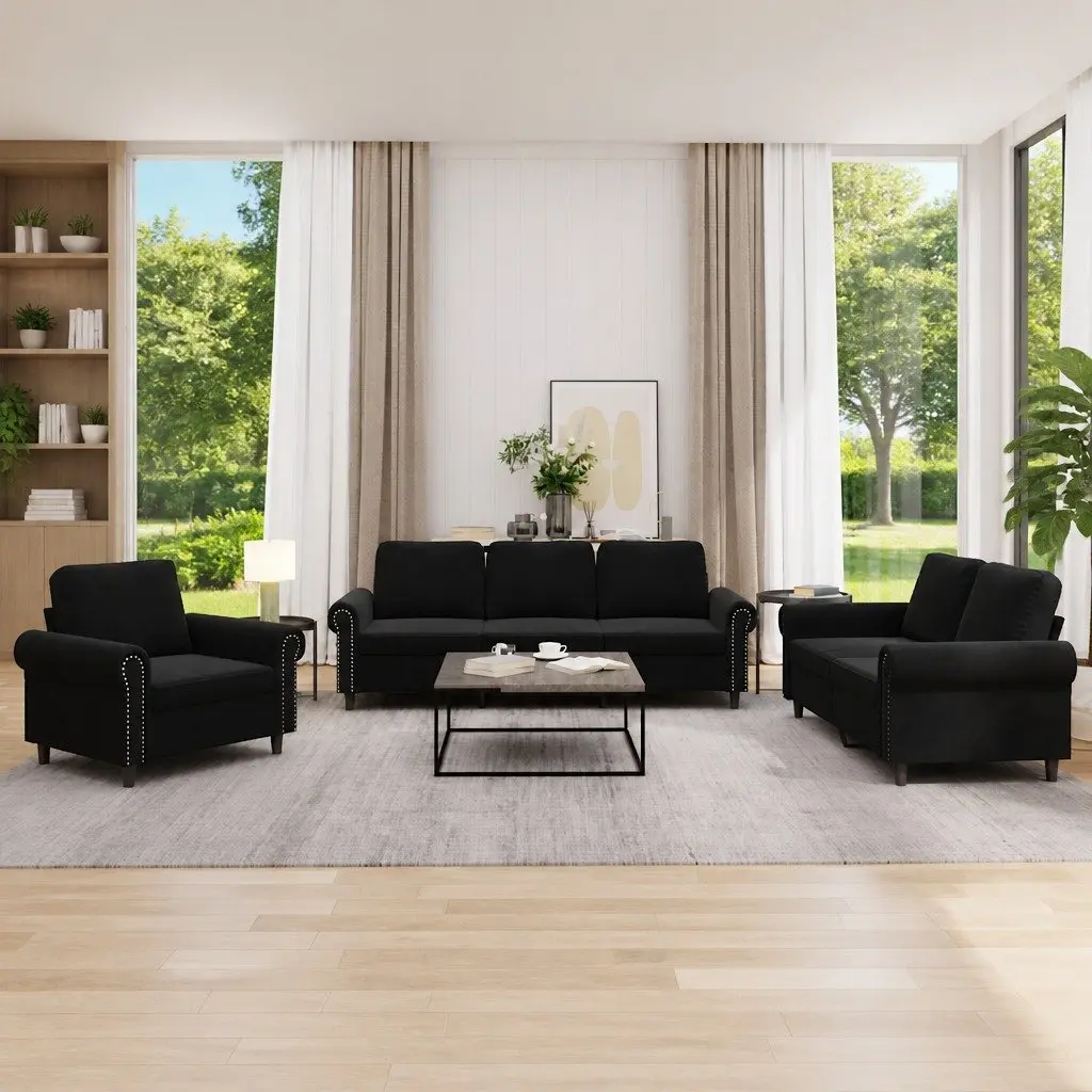 Sofa Set Velvet Black 3 Piece Living Room Lounge Seating