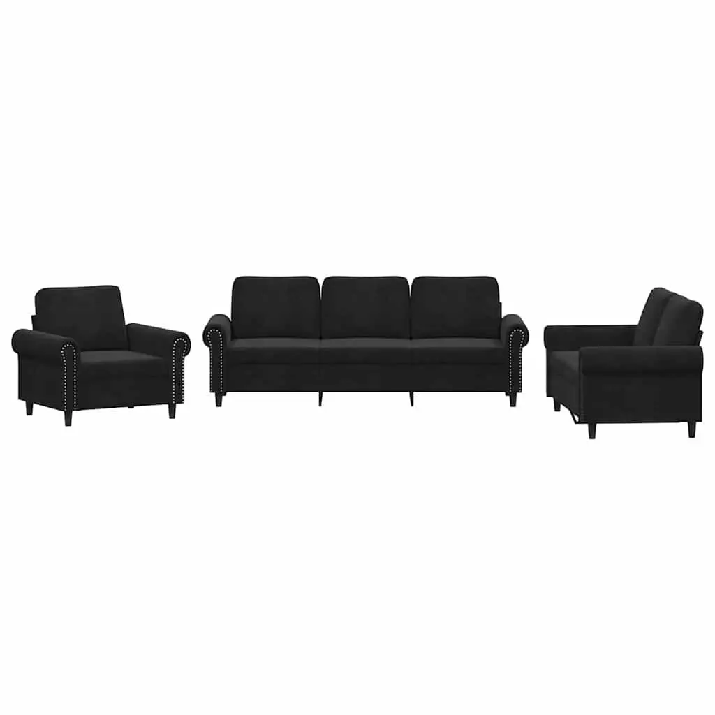 Sofa Set Velvet Black 3 Piece Living Room Lounge Seating