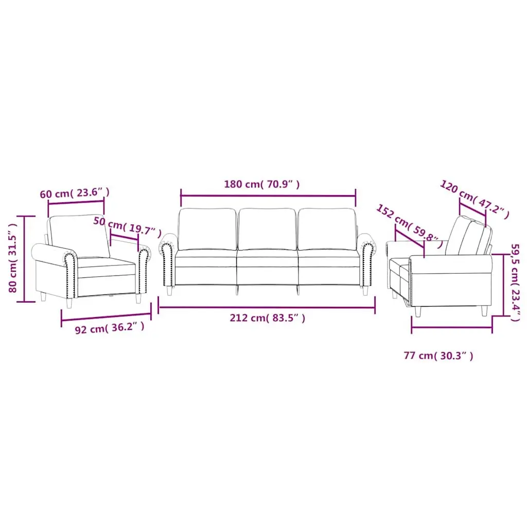 Sofa Set Velvet Black 3 Piece Living Room Lounge Seating