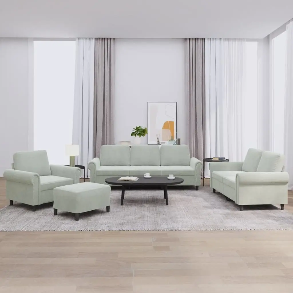 Sofa Set Velvet 4 Piece Light Grey Compact Living Room Furniture