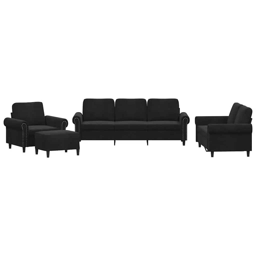 4 Piece Living Room Sectional Sofa Set Black Velvet Upholstery Plywood and Metal Frame