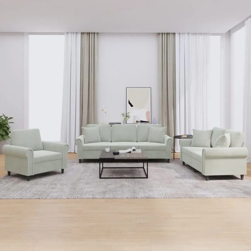 3 Piece Sofa Set Velvet Grey Couch