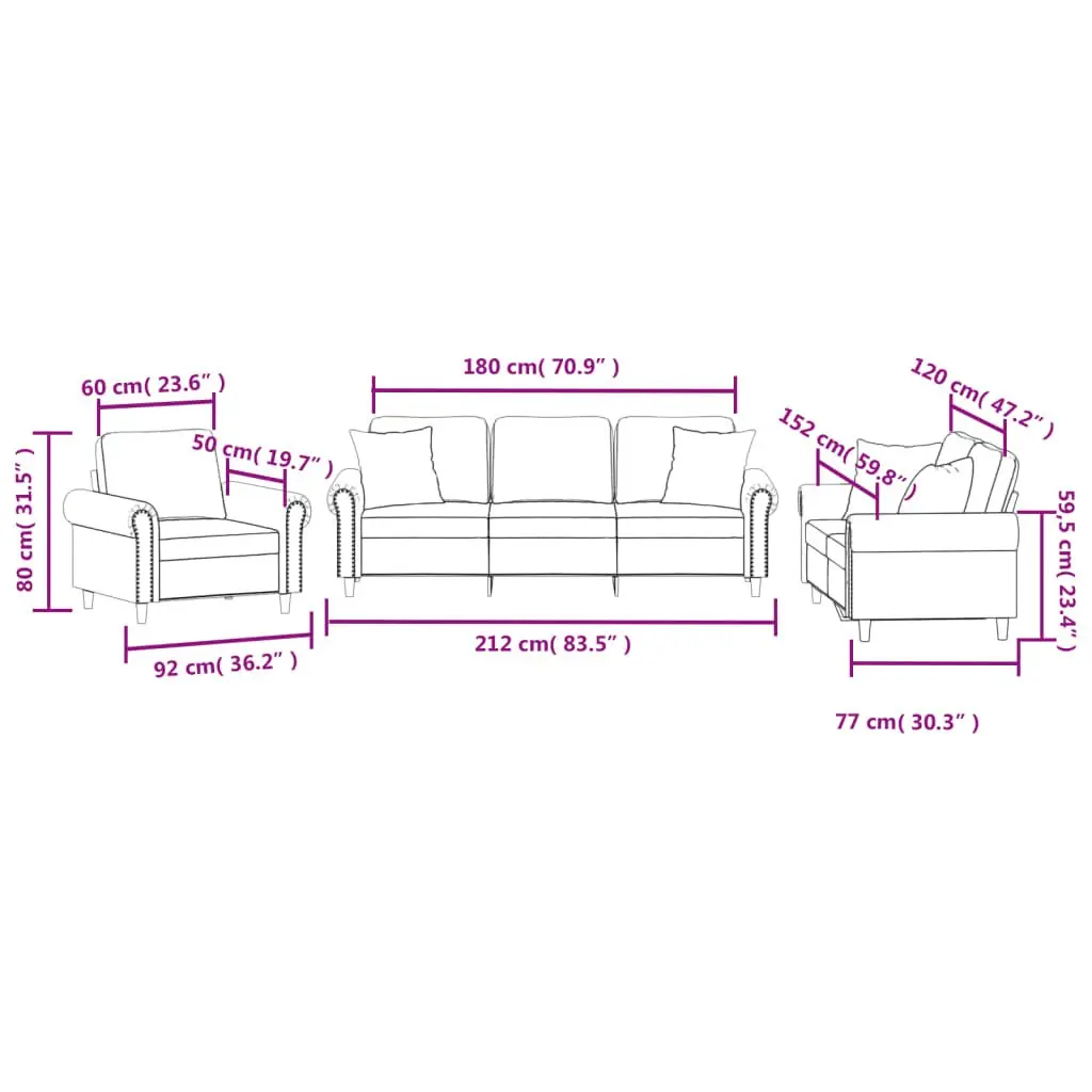 3 Piece Sofa Set Velvet Grey Couch