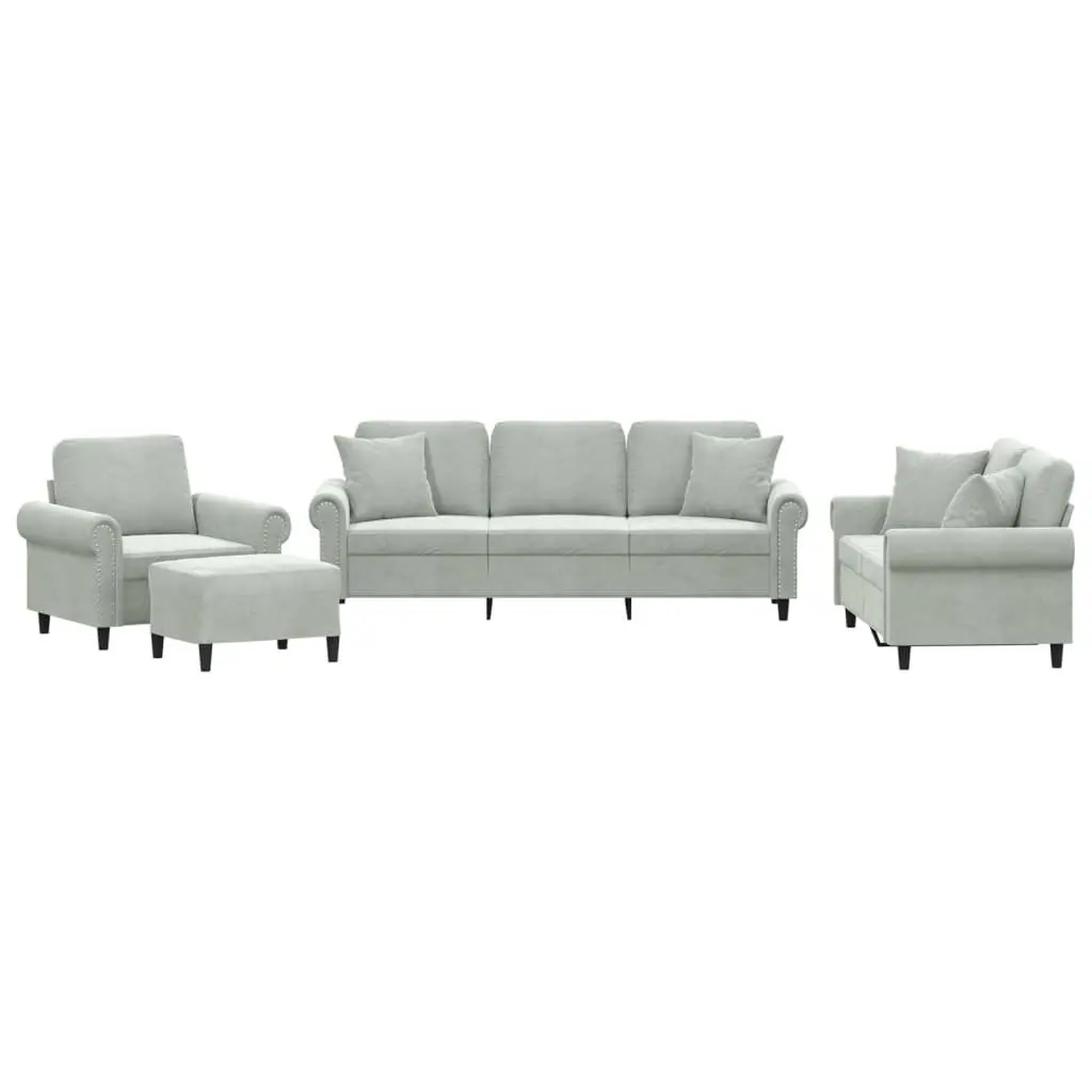 4 Piece Sofa Set Velvet Grey with Throw Pillows and Footstool