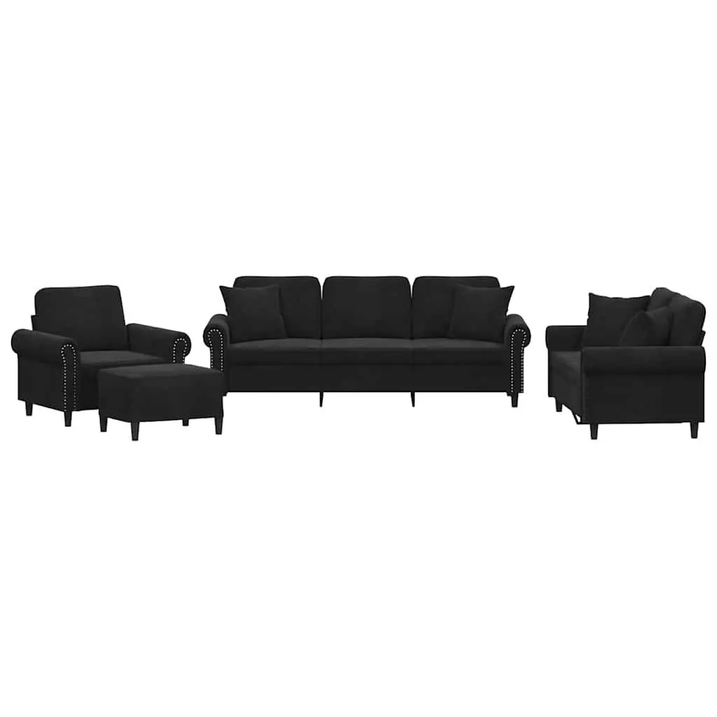 4 Piece Sofa Set with Throw Pillows Footstool Black Velvet Living Room Couch