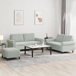 3 Piece Sofa Set with Footstool Grey Velvet Lounge Suite Living Room Furniture