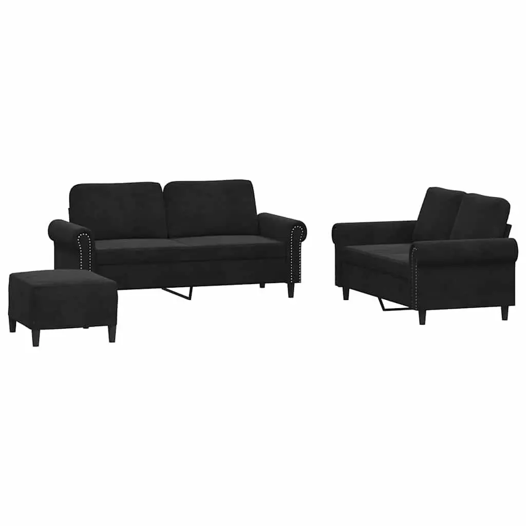 3 Piece Sofa Set Velvet Black Living Room Furniture Couch