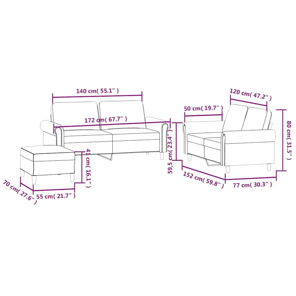 3 Piece Sofa Set Velvet Black Living Room Furniture Couch