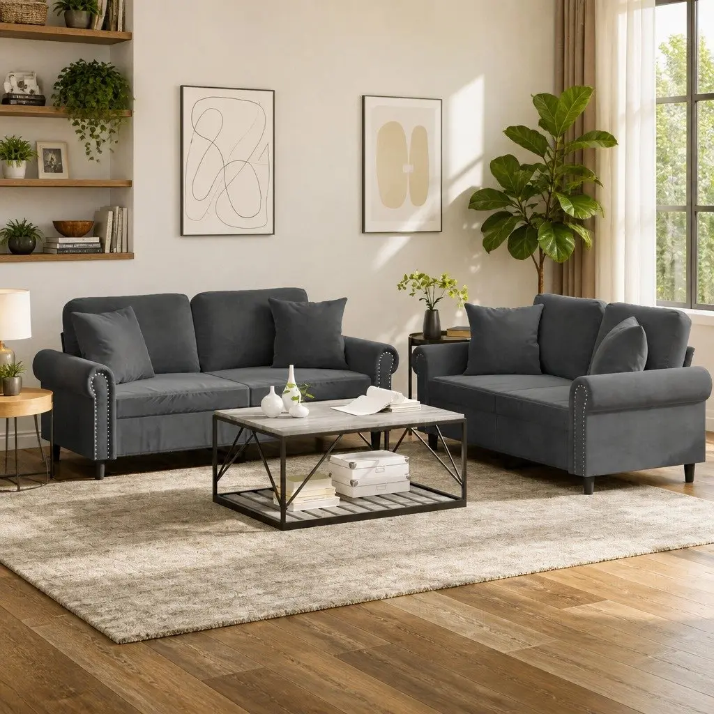 2 Piece Sofa Set with Throw Pillows Grey Velvet Living Room Furniture Couch
