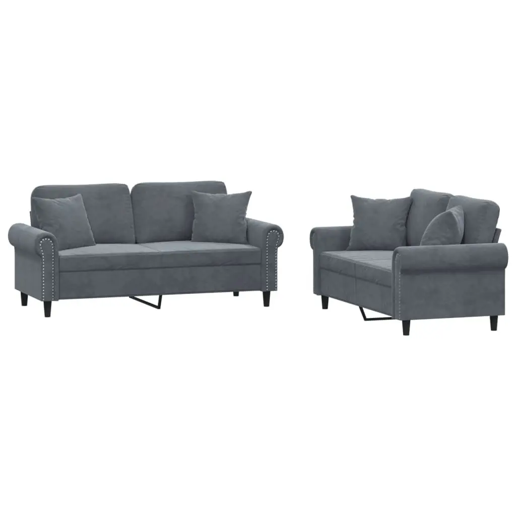 2 Piece Sofa Set with Throw Pillows Grey Velvet Living Room Furniture Couch