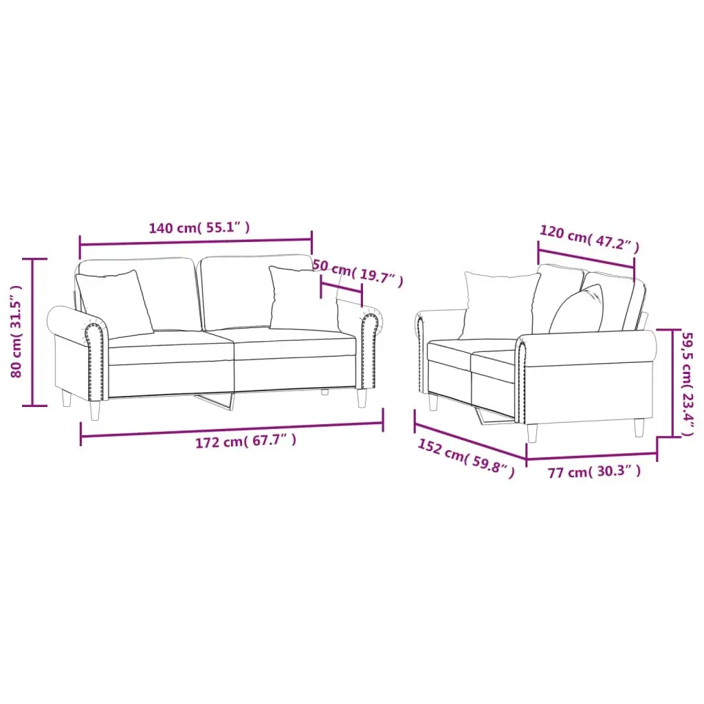 2 Piece Sofa Set with Throw Pillows Grey Velvet Living Room Furniture Couch