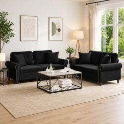 Practical Black Velvet 2 Piece Sofa Set for Family Living