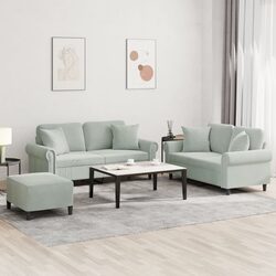 3 Piece Sofa Set Grey Velvet Couch with Pillows Footstool Living Room Furniture