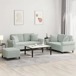 3 Piece Sofa Set Grey Velvet Couch with Pillows Footstool Living Room Furniture