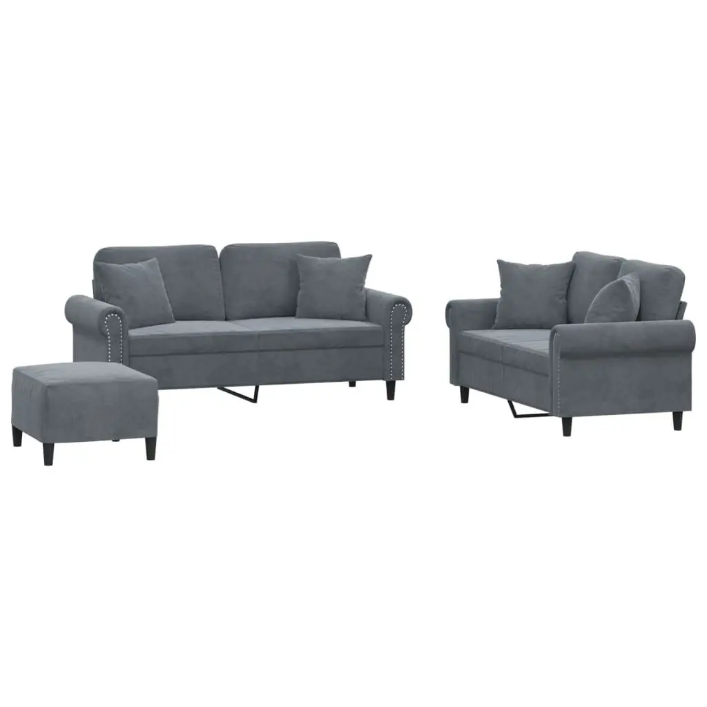 3 Piece Sofa Set Grey Velvet Couch with Pillows Footstool Living Room Furniture