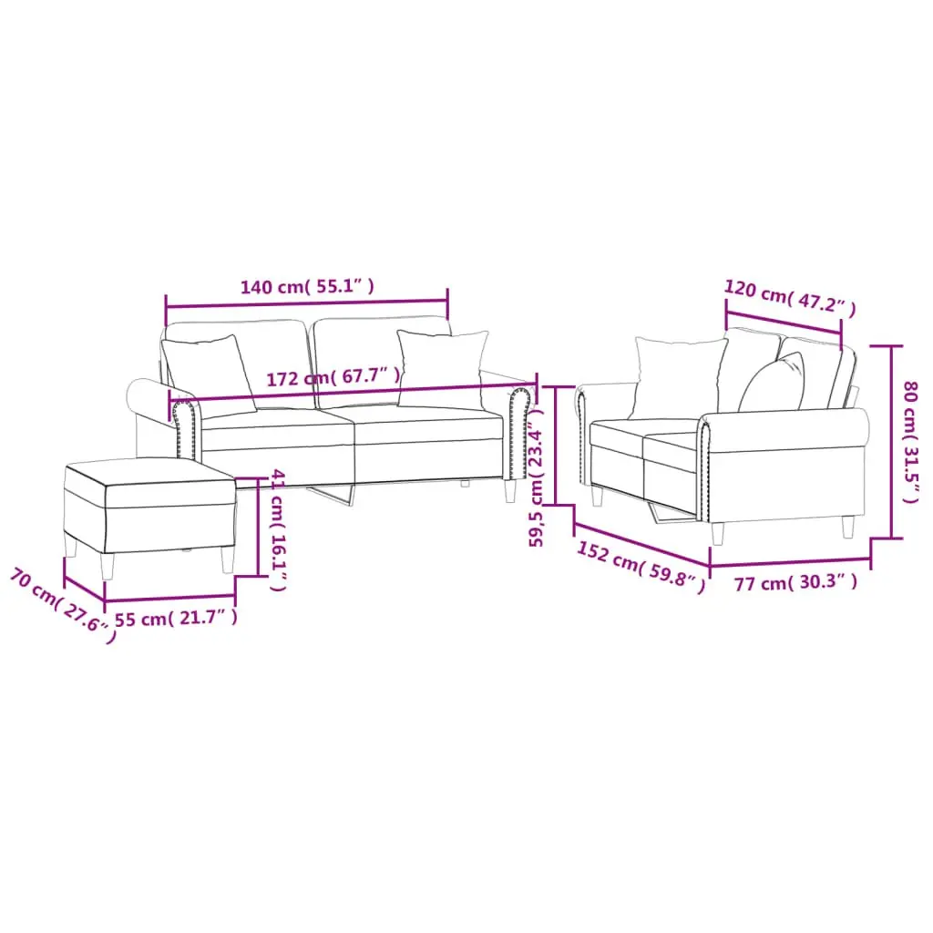 3 Piece Sofa Set Grey Velvet Couch with Pillows Footstool Living Room Furniture