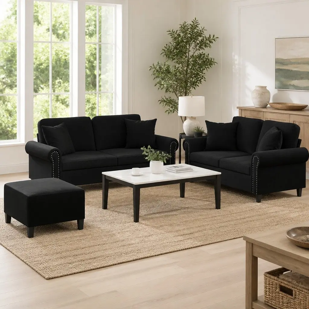 3 Piece Sofa Set Velvet Upholstery Compact Size Black