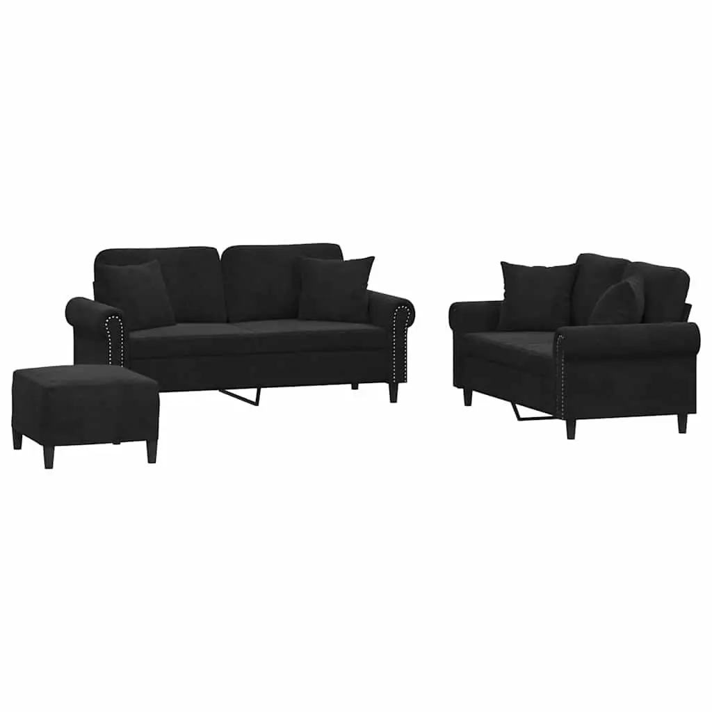 3 Piece Sofa Set Velvet Upholstery Compact Size Black