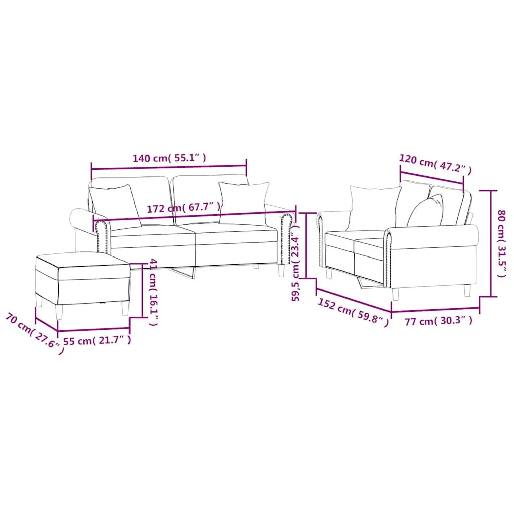3 Piece Sofa Set Velvet Upholstery Compact Size Black