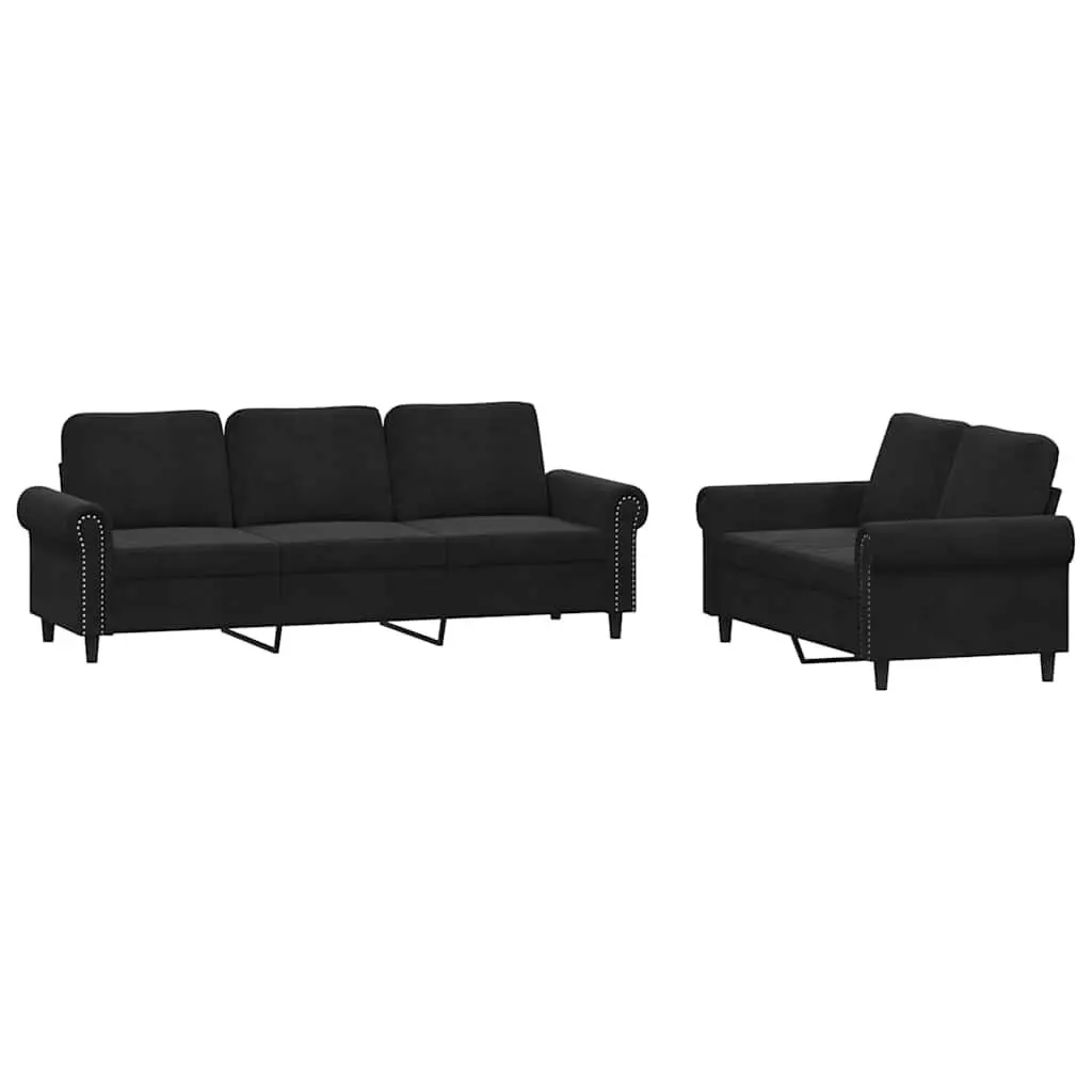 Sofa Set Velvet Black 2 Piece Living Room Furniture Couch