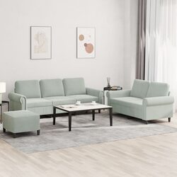 3 Piece Sofa Set Grey Velvet Lounge Suite with Cushions and Footstool