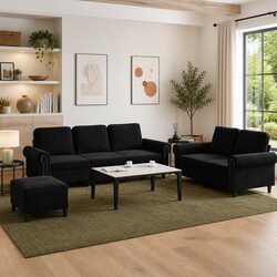 Functional Black Velvet 3 Piece Sofa Set for Everyday Use