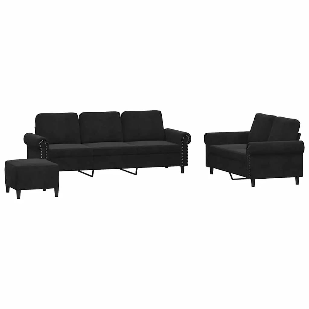 3 Piece Lounge Suite Black Velvet Sofa Set with Footstool and Cushions