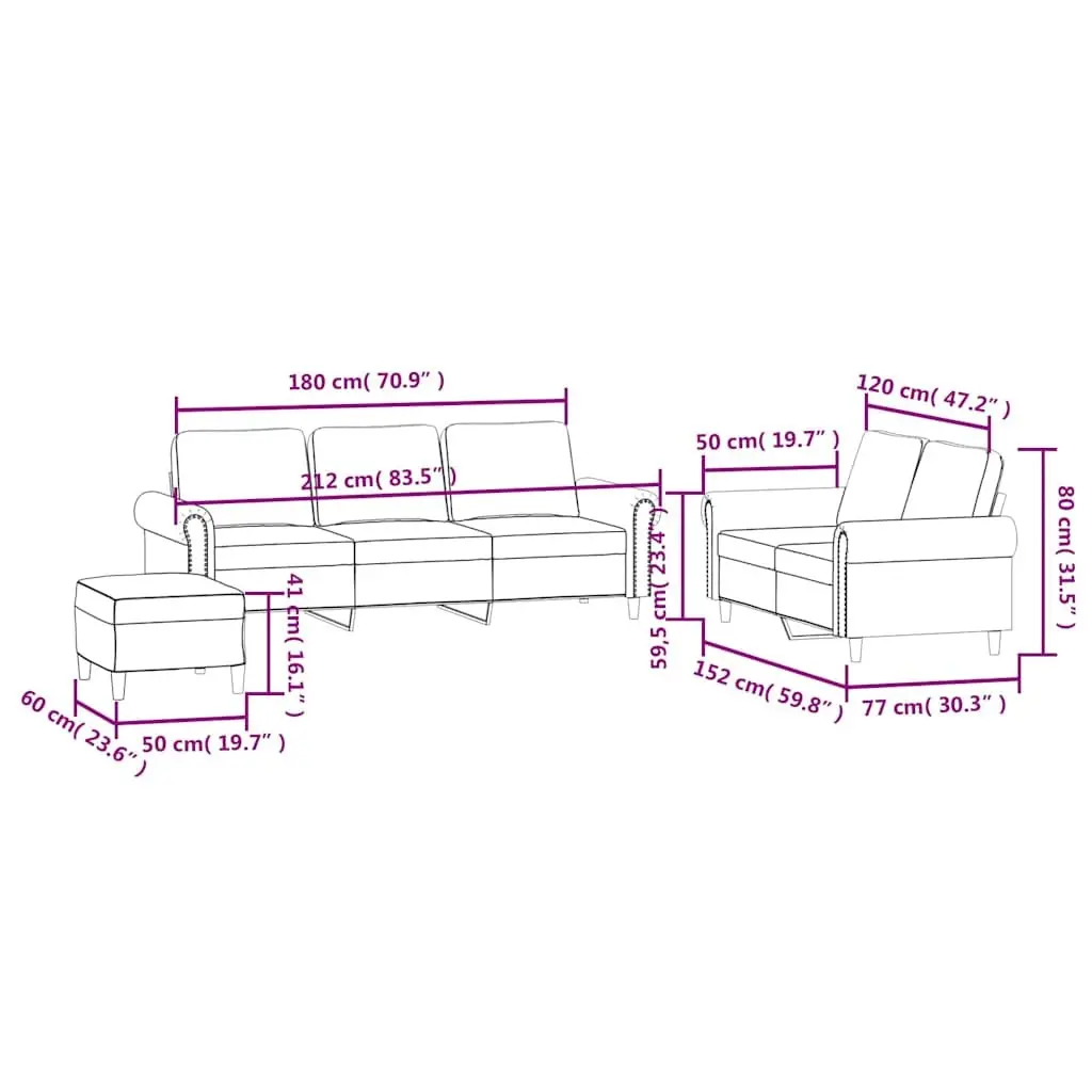 3 Piece Lounge Suite Black Velvet Sofa Set with Footstool and Cushions