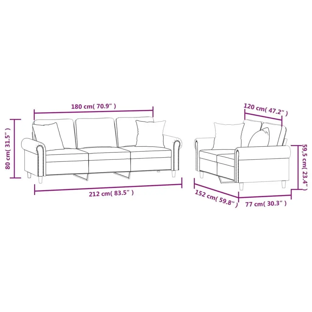 2 Piece Sofa Set Velvet Grey Couch