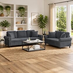 2 Piece Sofa Set with Throw Pillows Grey Velvet Lounge Suite Living Room