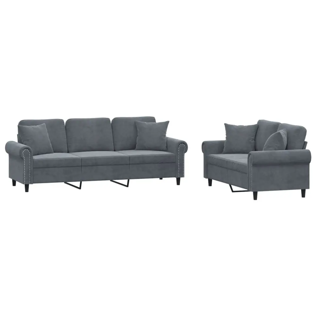 2 Piece Velvet Sofa Set Grey Upholstery Lounge Suite with Throw Pillows