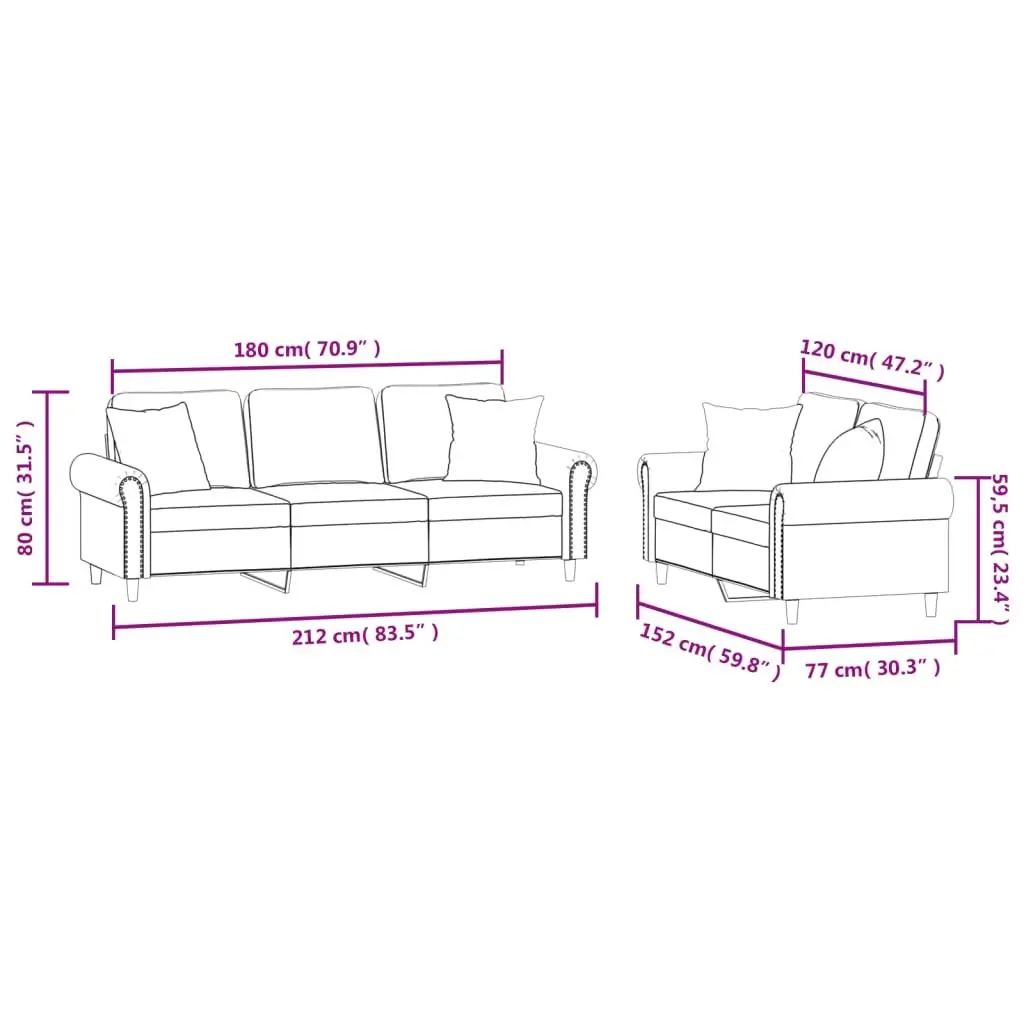 2 Piece Velvet Sofa Set Grey Upholstery Lounge Suite with Throw Pillows