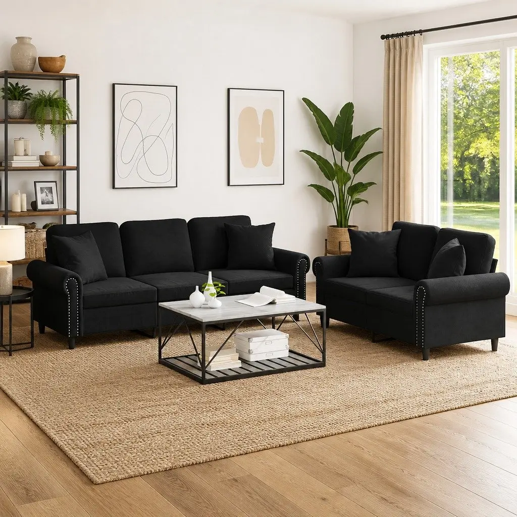 2 Piece Sofa Set with Pillows Black Velvet Living Room Furniture Couch