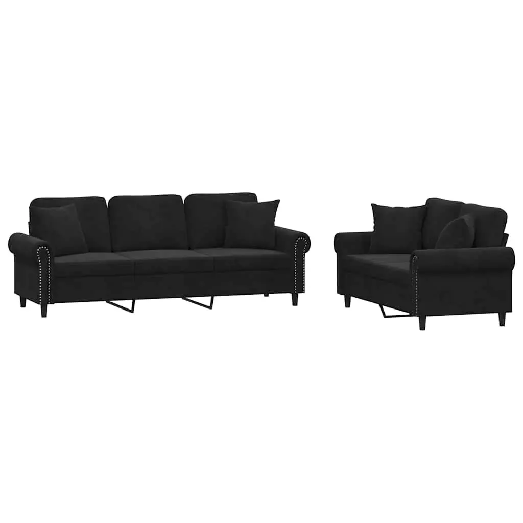 2 Piece Sofa Set with Pillows Black Velvet Living Room Furniture Couch