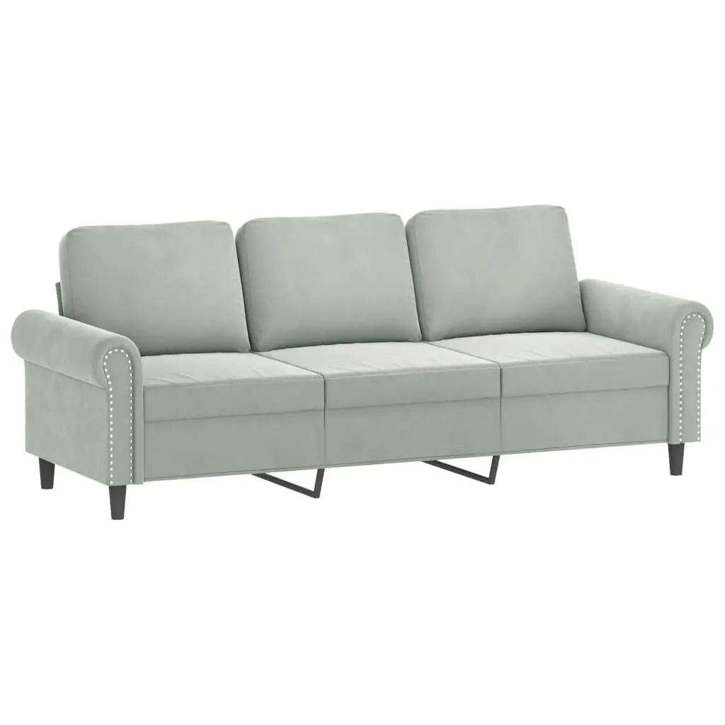 3 Piece Sofa Set Grey Velvet Couch with Throw Pillows Footstool Living Room