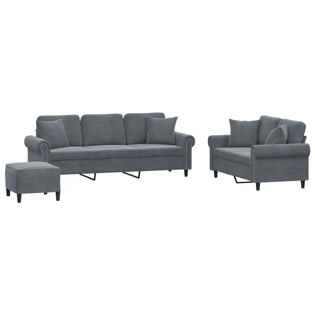 3 Piece Sofa Set Velvet Grey Living Room Furniture