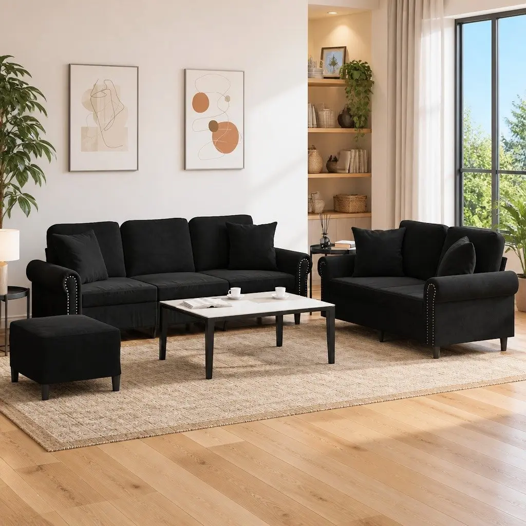 3 Piece Sofa Set with Throw Pillows and Footstool Black Velvet Living Room