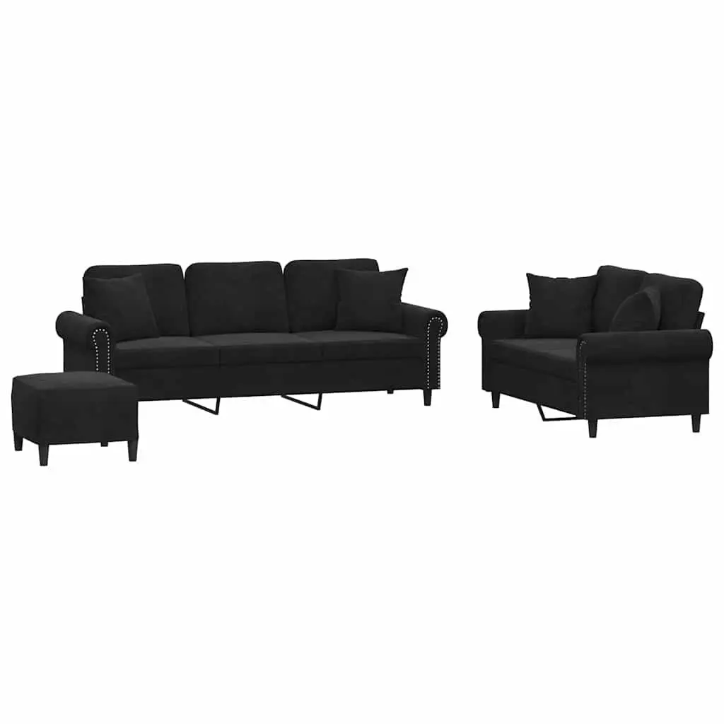 3 Piece Sofa Set with Throw Pillows and Footstool Black Velvet Living Room
