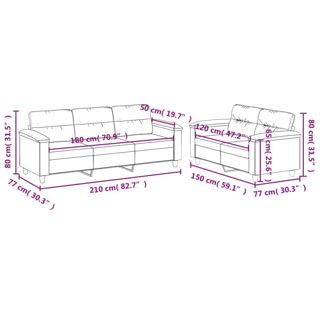 2 Piece Sofa Set Grey Microfibre Fabric Cushions Living Room Furniture Durable