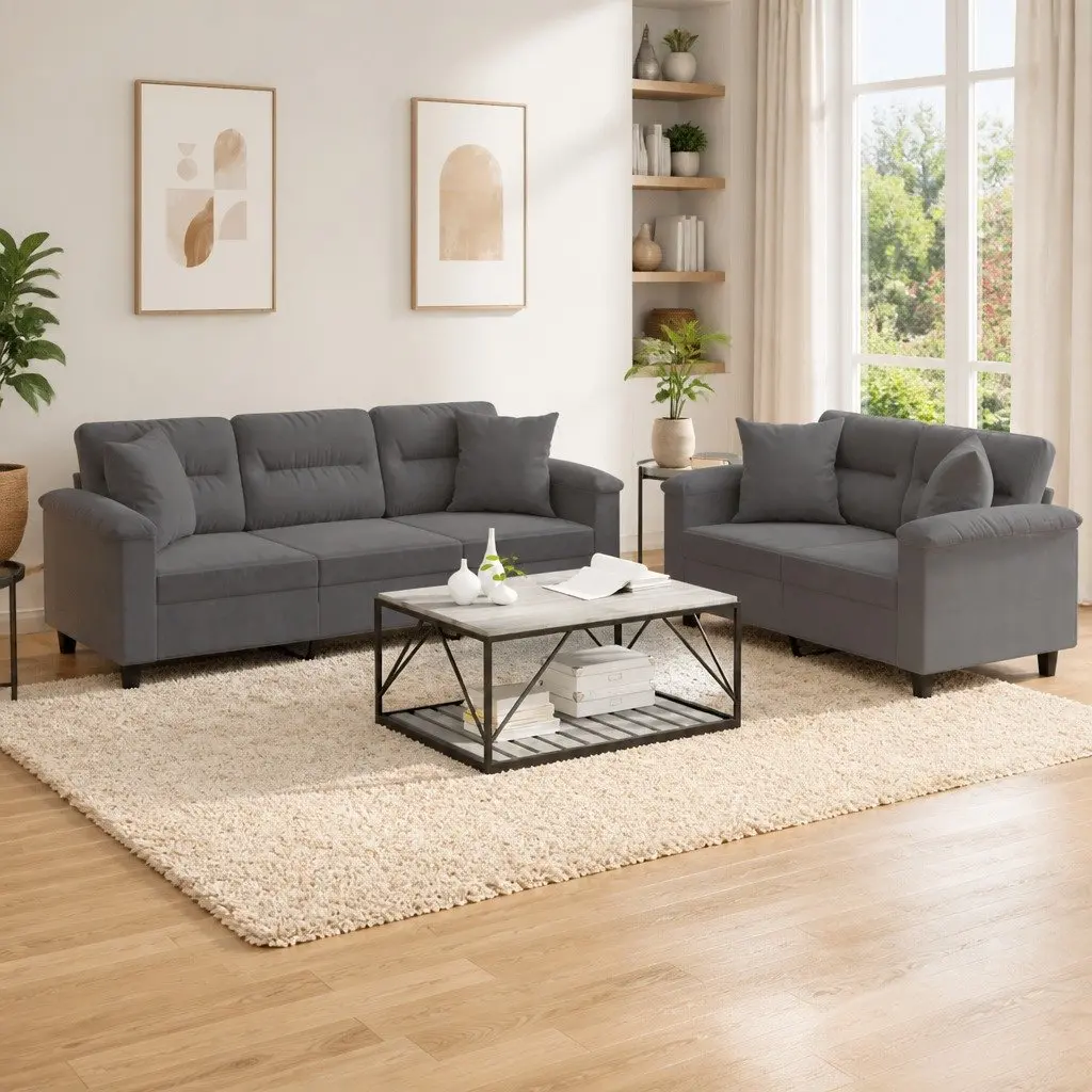2 Piece Sofa Set Microfibre Fabric Grey Lounge with Throw Pillows