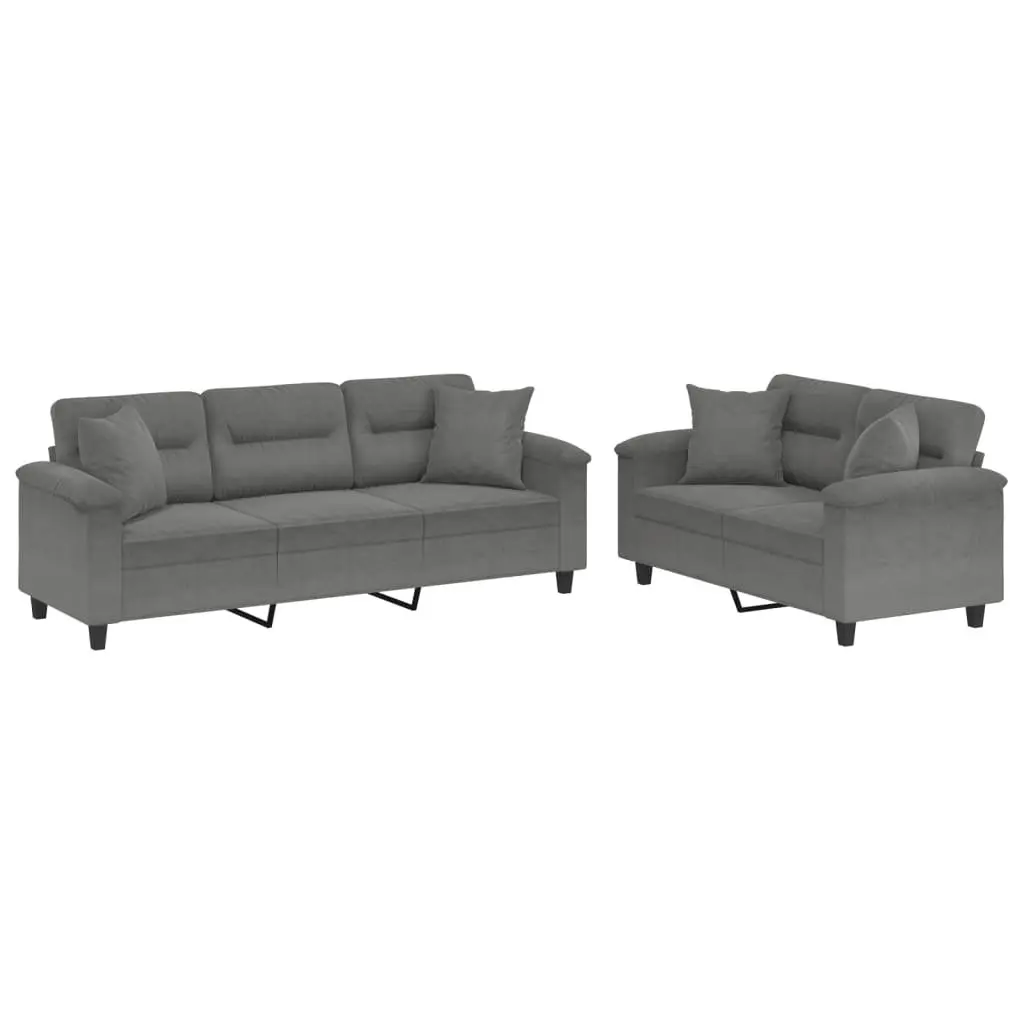 2 Piece Sofa Set Microfibre Fabric Grey Lounge with Throw Pillows