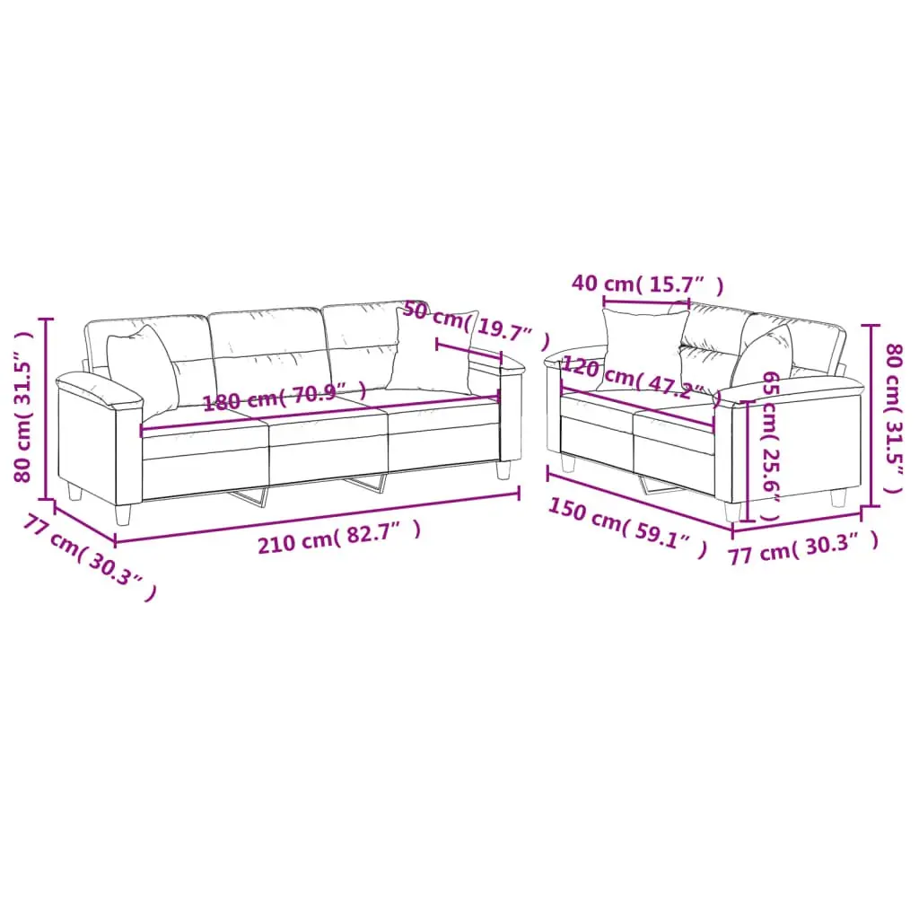 2 Piece Sofa Set Microfibre Fabric Grey Lounge with Throw Pillows