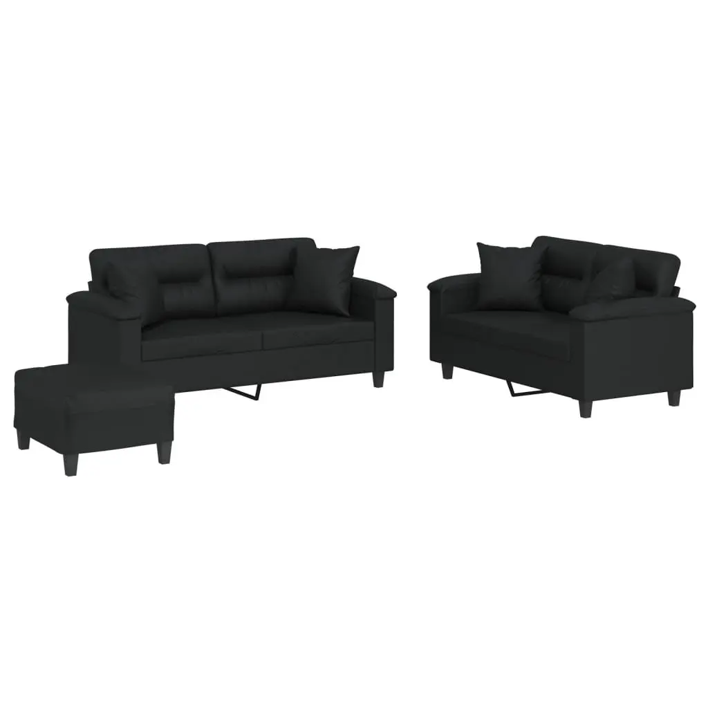 3 Piece Sofa Set Faux Leather Black with Throw Pillows Footstool