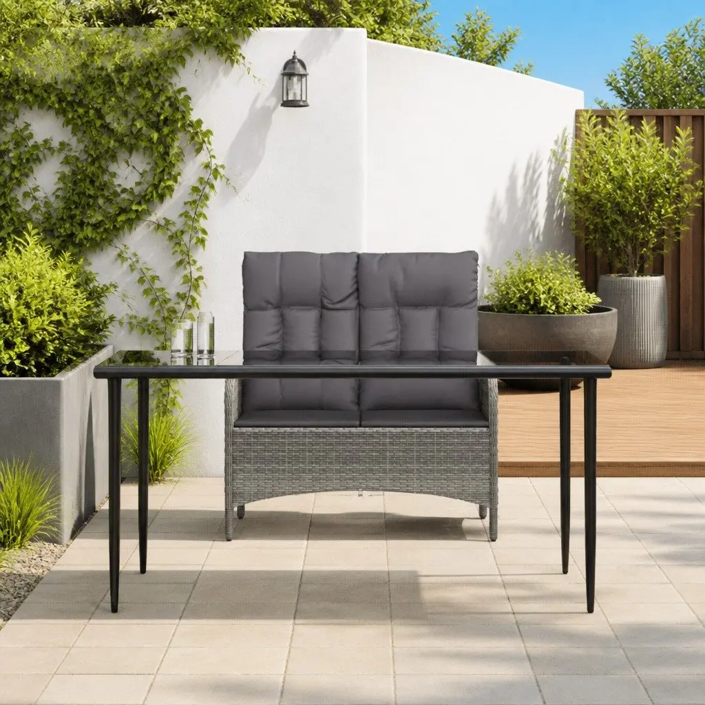 Outdoor Dining Set Grey Poly Rattan Table and Bench with Cushions 2 Piece