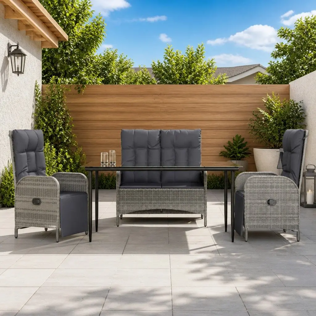 Garden Dining Set Poly Rattan 4 Piece Outdoor Furniture Grey Table Bench Chairs