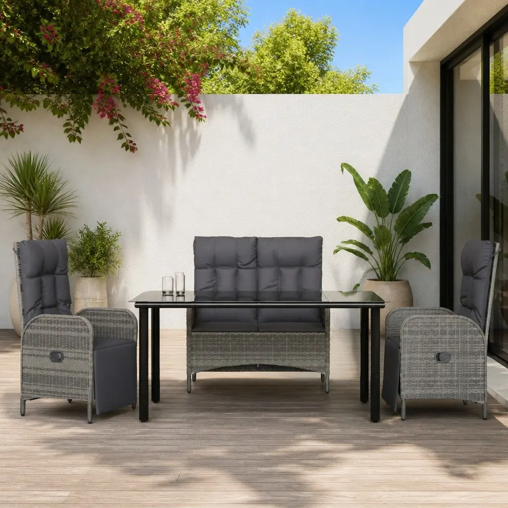 Outdoor Patio Furniture Set Grey Poly Rattan 4 Piece Dining Set with Cushions and Adjustable Reclining Backrest