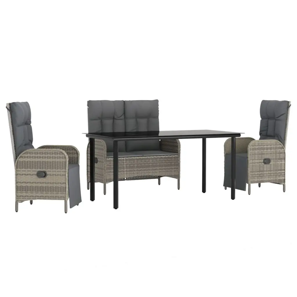 Outdoor Patio Furniture Set Grey Poly Rattan 4 Piece Dining Set with Cushions and Adjustable Reclining Backrest